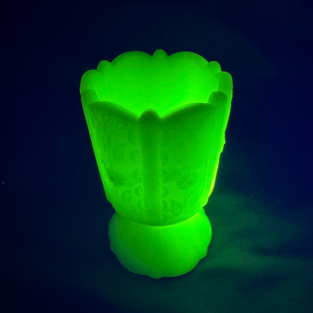 Vintage Uranium Custard Glass Floral Toothpick Holder Scalloped Bud Vase Glows